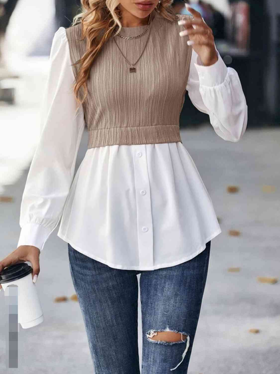 Contrast Round Neck Puff Sleeve Blouse - Create the impossible