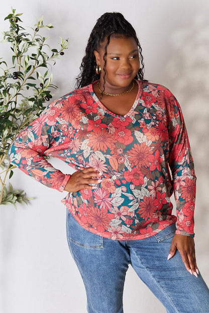 Hopely Full Size Floral Print V-Neck Long Sleeve Blouse