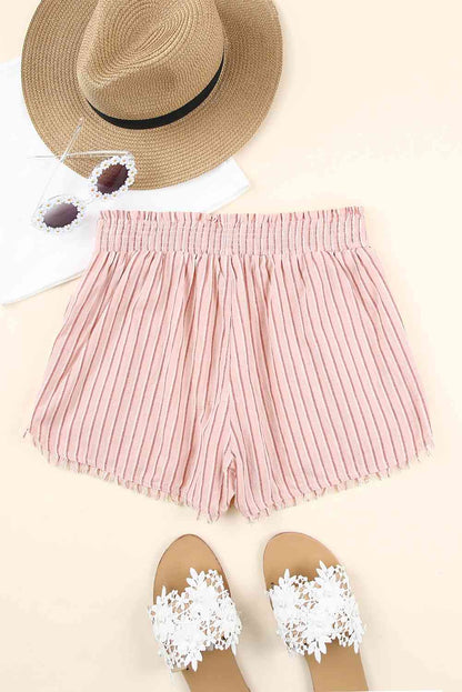 Striped Frayed Hem Paperbag Shorts