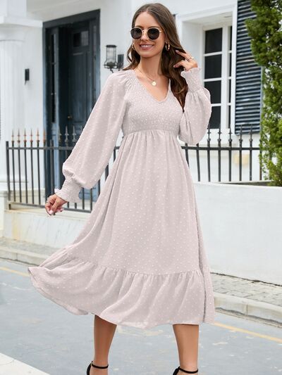 Swiss Dot V-Neck Smocked Lantern Sleeve Ruffle Hem Dress