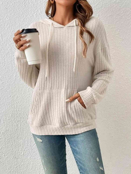 Ribbed Dropped Shoulder Drawstring Hoodie - Create the impossible