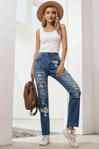 Baeful Printed Patch Distressed Boyfriend Jeans