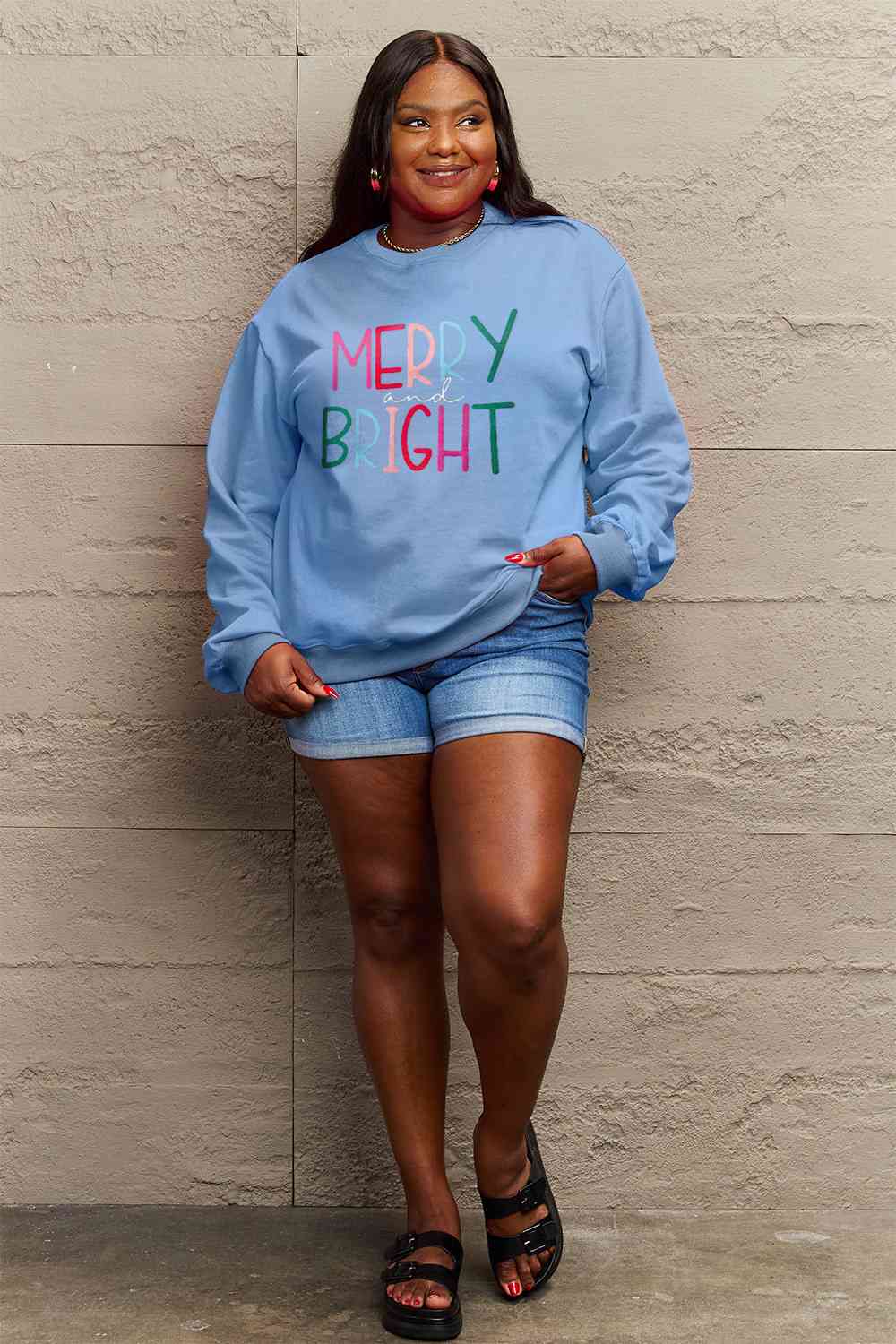 Simply Love Full Size MERRY AND BRIGHT Graphic Sweatshirt