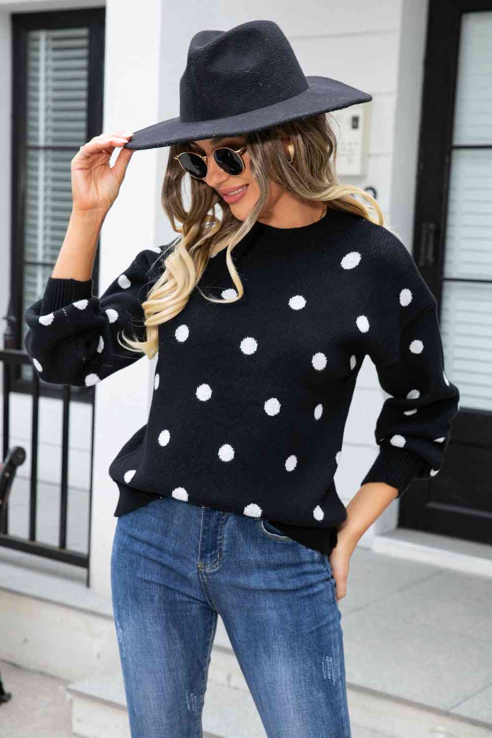 Woven Right Polka Dot Round Neck Dropped Shoulder Sweater