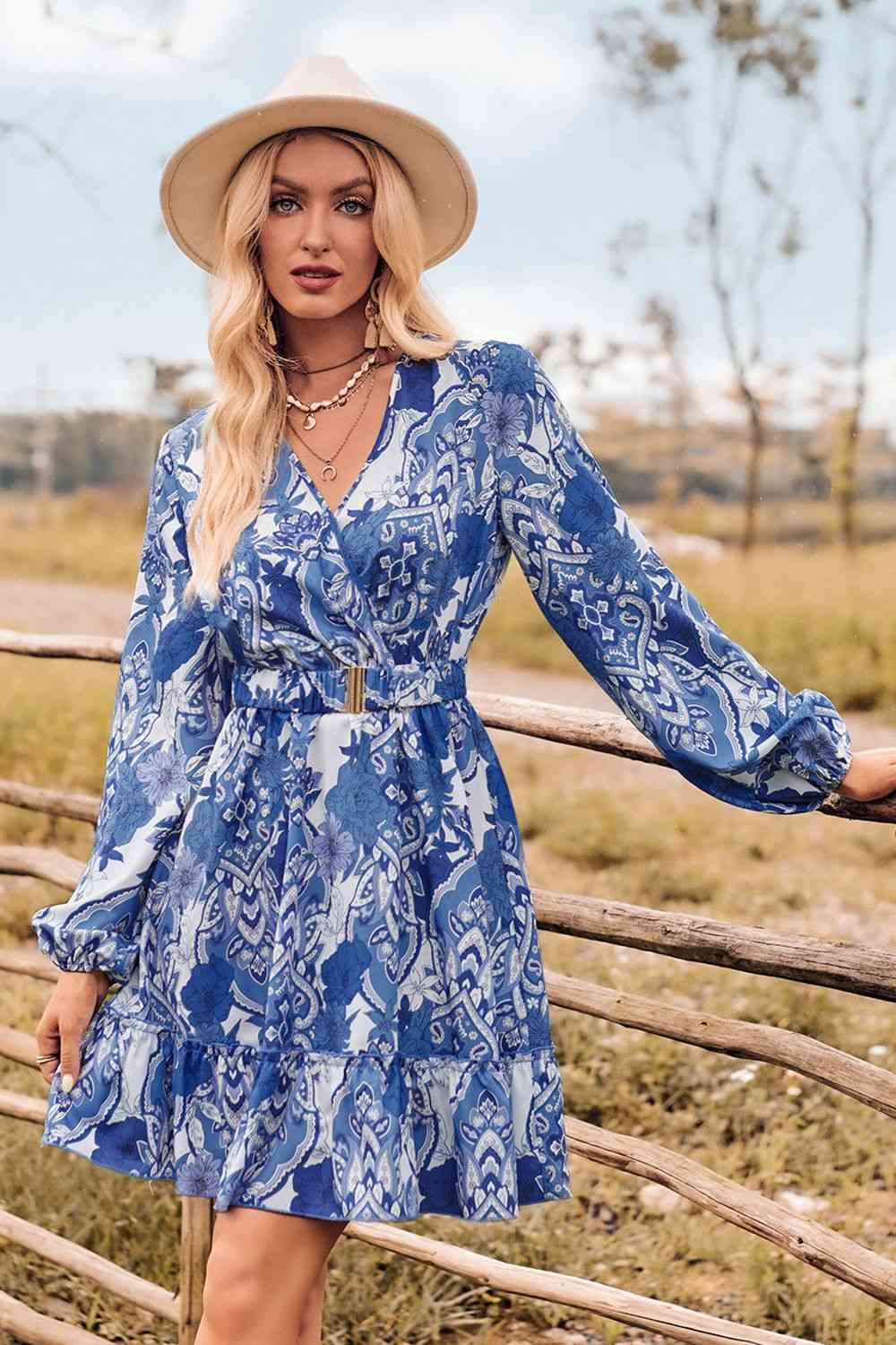 Printed Surplice Neck Long Sleeve Dress