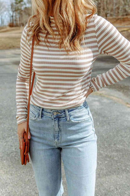 Double Take Striped Mock Neck Long Sleeve Top - Create the impossible