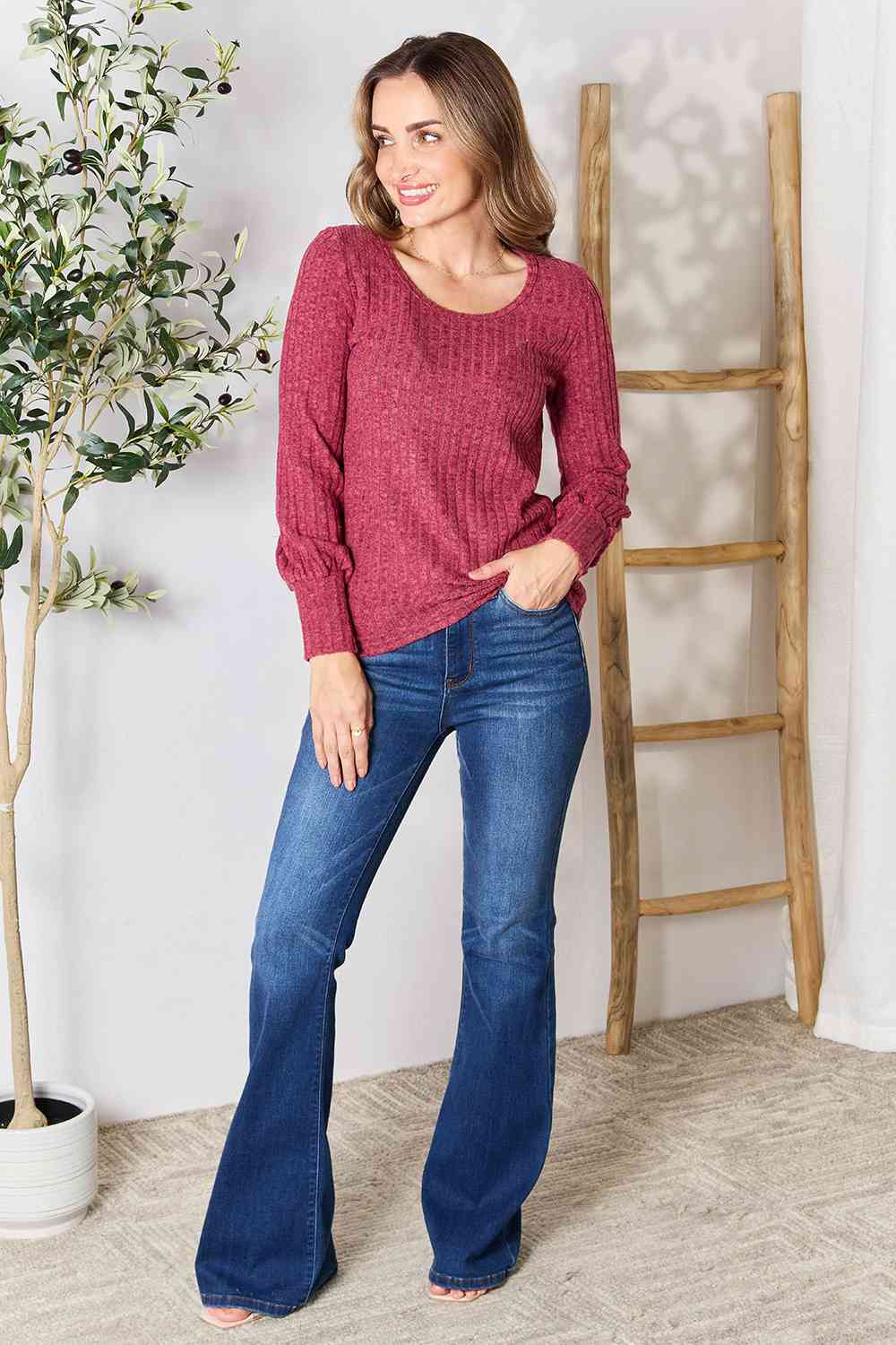 Double Take Ribbed Round Neck Lantern Sleeve Blouse - Create the impossible