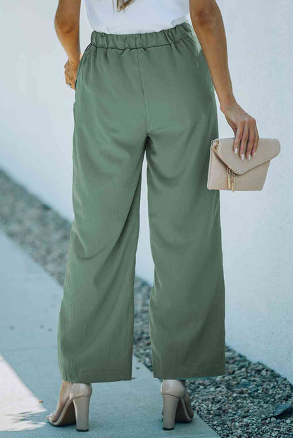 Drawstring Waist Crinkled Wide Leg Pants