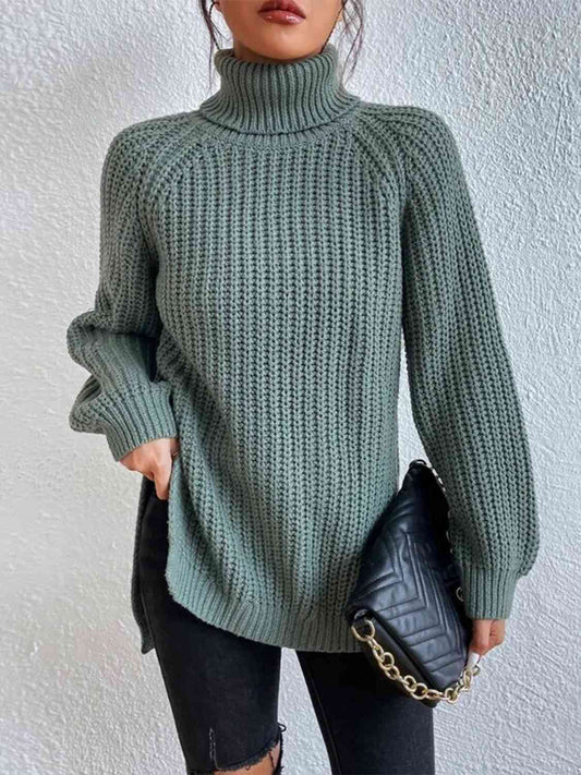 Full Size Turtleneck Rib-Knit Slit Sweater - Create the impossible