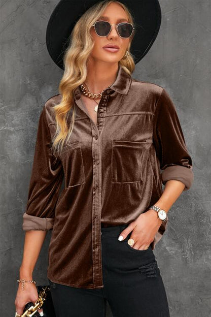 Button Up Collared Neck Long Sleeve Velvet Shirt