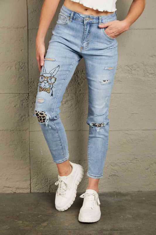 Baeful Easter Leopard Patch Bunny Graphic Jeans