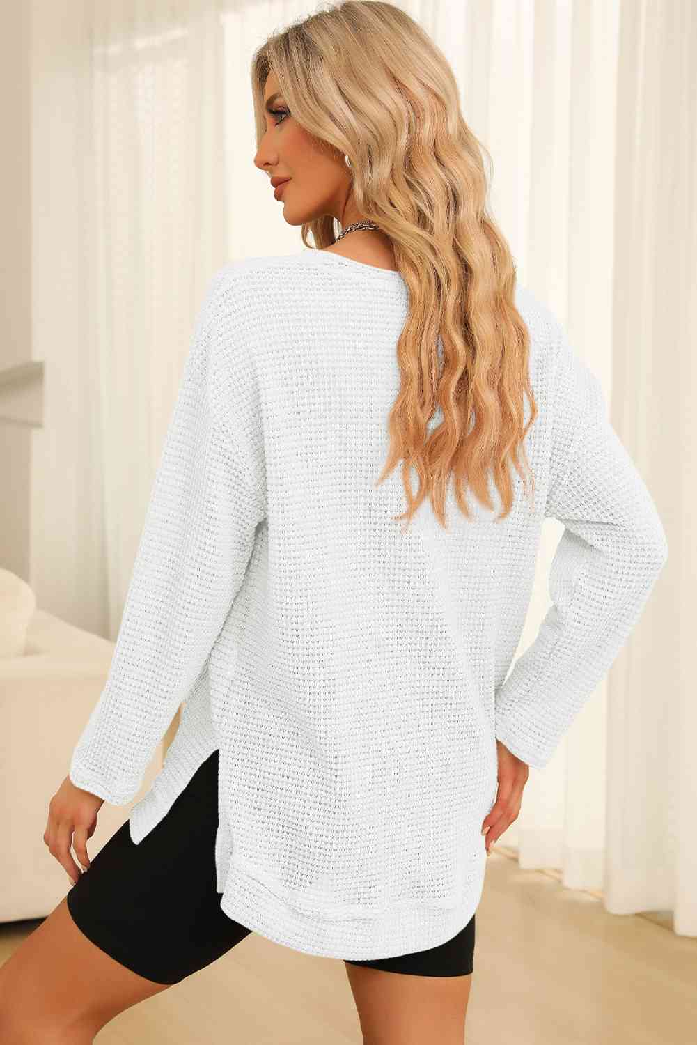 Waffle-Knit Round Neck Long Sleeve Sweatshirt - Create the impossible