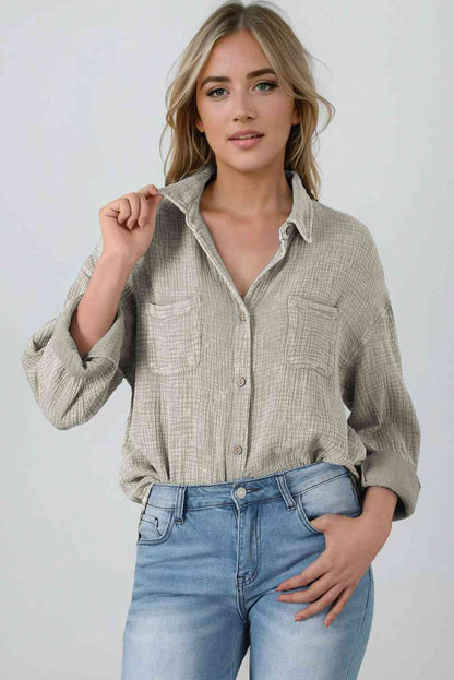 Mineral Wash Crinkle Textured Chest Pockets Shirt