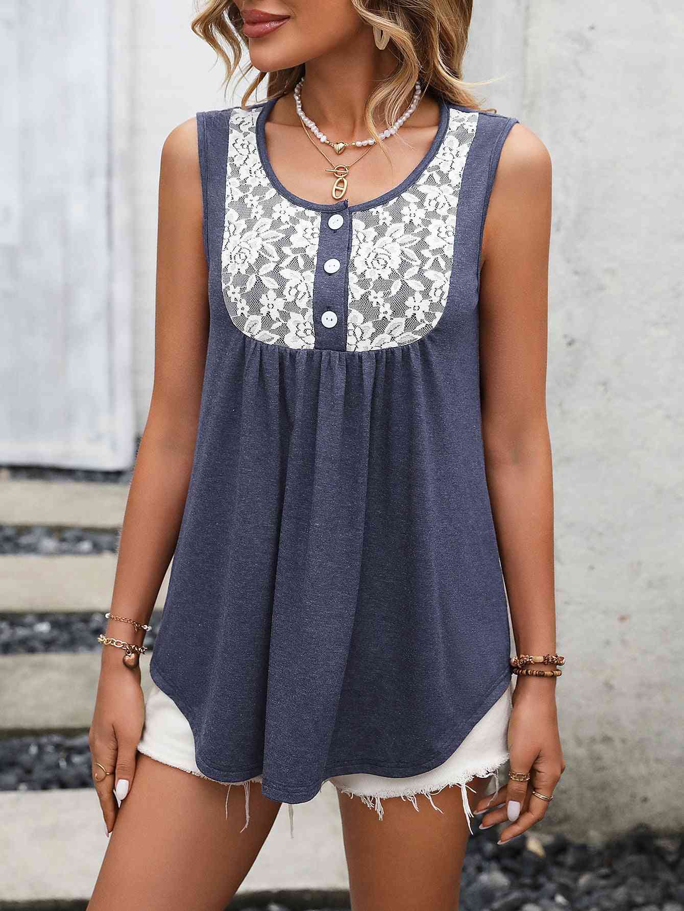 Lace Contrast Scoop Neck Tank