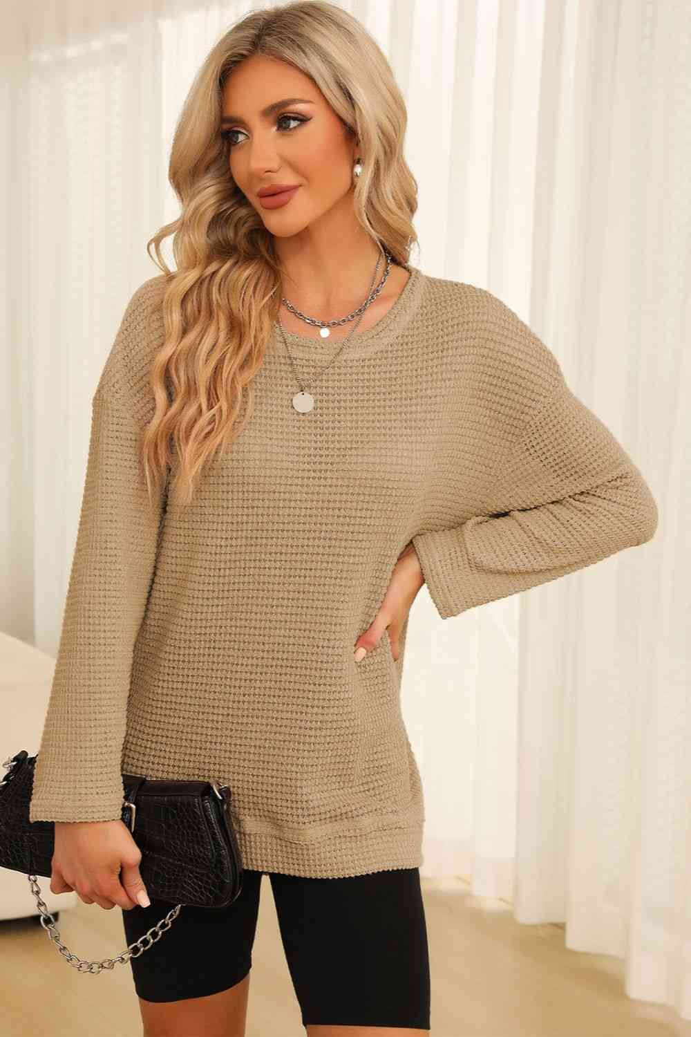 Waffle-Knit Round Neck Long Sleeve Sweatshirt - Create the impossible