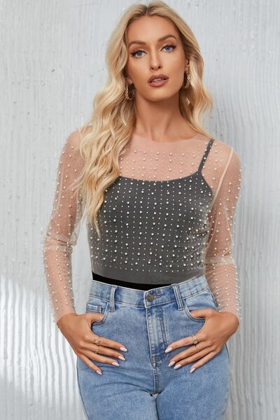 Pearl Long Sleeve Mesh Cropped Top - Create the impossible