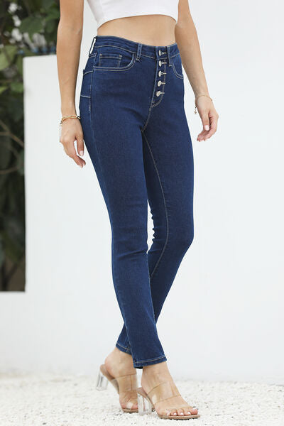 High Waist Button-Fly Slim Jeans