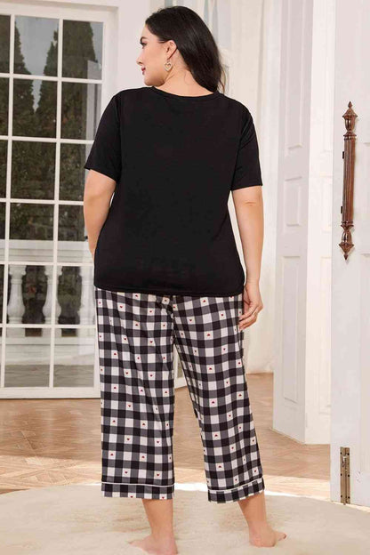 V-Neck Tee and Plaid Cropped Pants Lounge Set