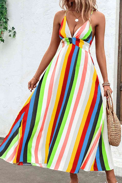 Multicolored Stripe Crisscross Backless Dress