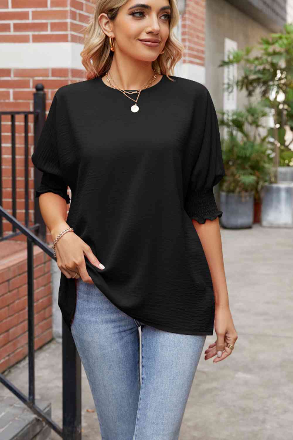 Round Neck Smocked Lantern Sleeve Blouse - Create the impossible