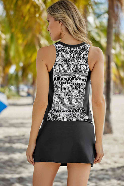 Geometric Print Color Block Swim Top and Skirt Set - Create the impossible