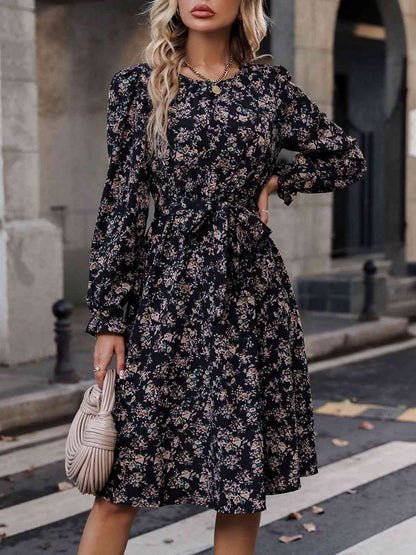 Printed Tie Belt Balloon Sleeve Dress - Create the impossible