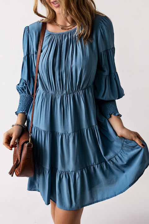 Ruched Round Neck Lantern Sleeve Dress