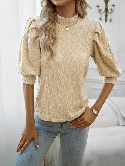 Texture Ruff Sleeve Mock Neck Blouse