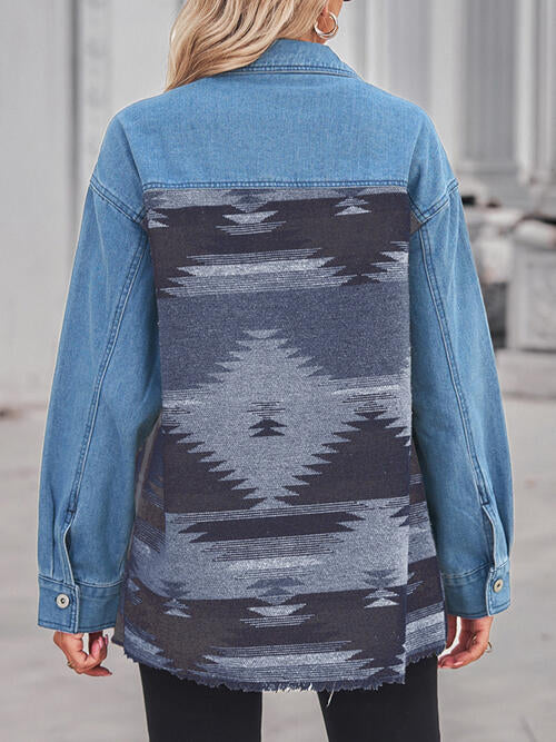 Geometric Raw Hem Button Up Denim Jacket