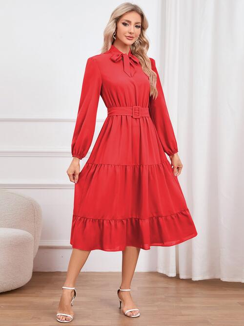 Tie Neck Long Sleeve Tiered Dress