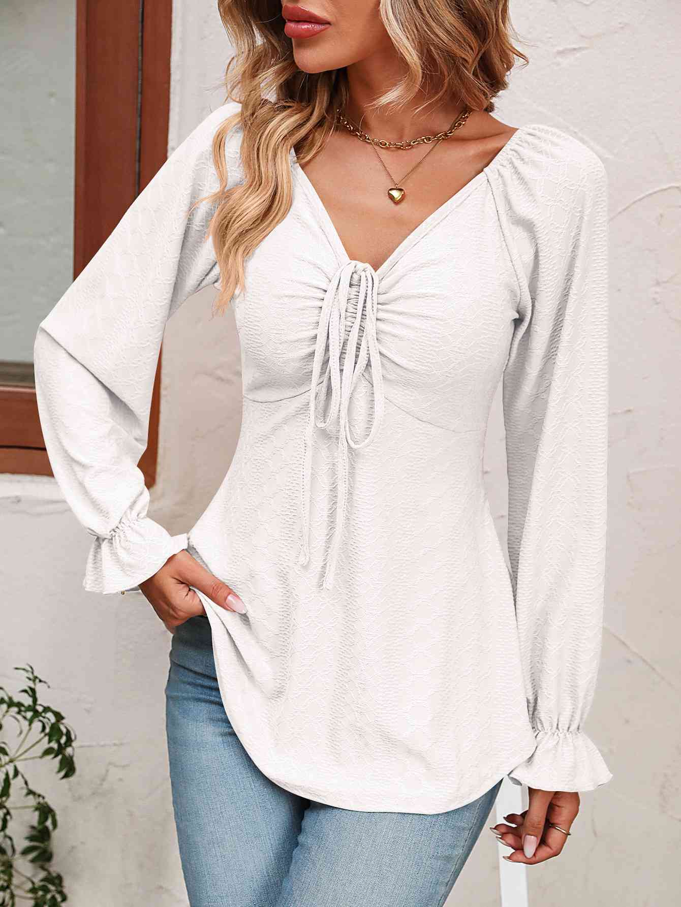 Tie Front V-Neck Puff Sleeve Blouse - Create the impossible