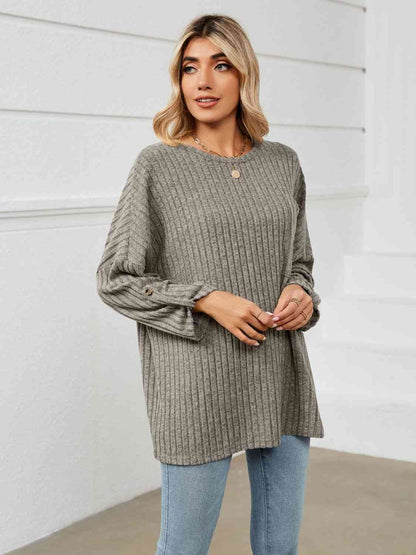 Round Neck Ribbed Long Sleeve T-Shirt