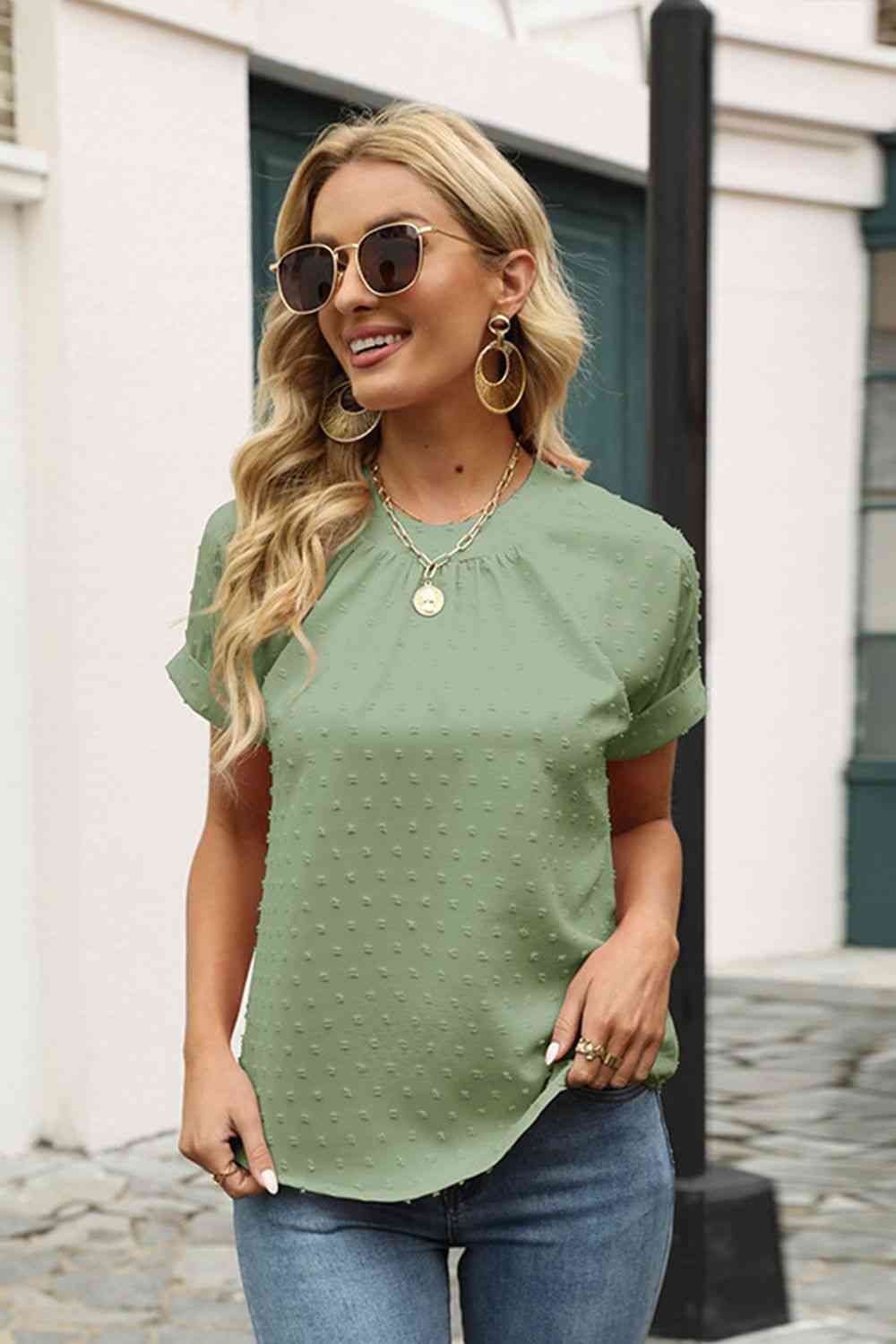 Swiss Dot Round Neck Short Sleeve Blouse - Create the impossible