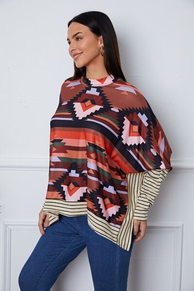 Geometric Striped Splicing Round Neck Blouse - Create the impossible