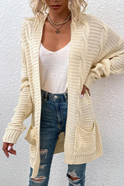 Cable-Knit Open Front Cardigan with Pockets