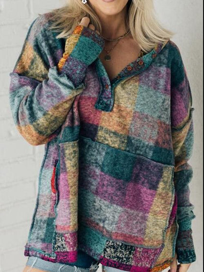 Multicolor Brushed Plaid Buttoned Pullover Oversized Hoodie - Create the impossible