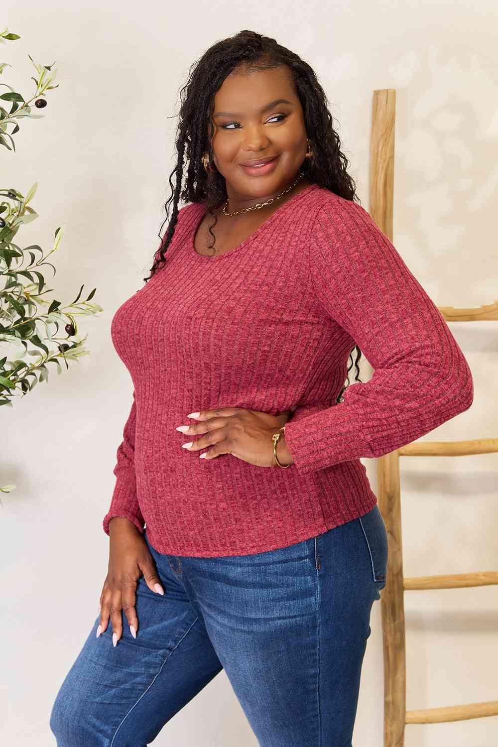 Double Take Ribbed Round Neck Lantern Sleeve Blouse - Create the impossible