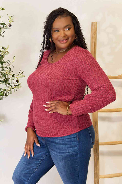 Double Take Ribbed Round Neck Lantern Sleeve Blouse - Create the impossible