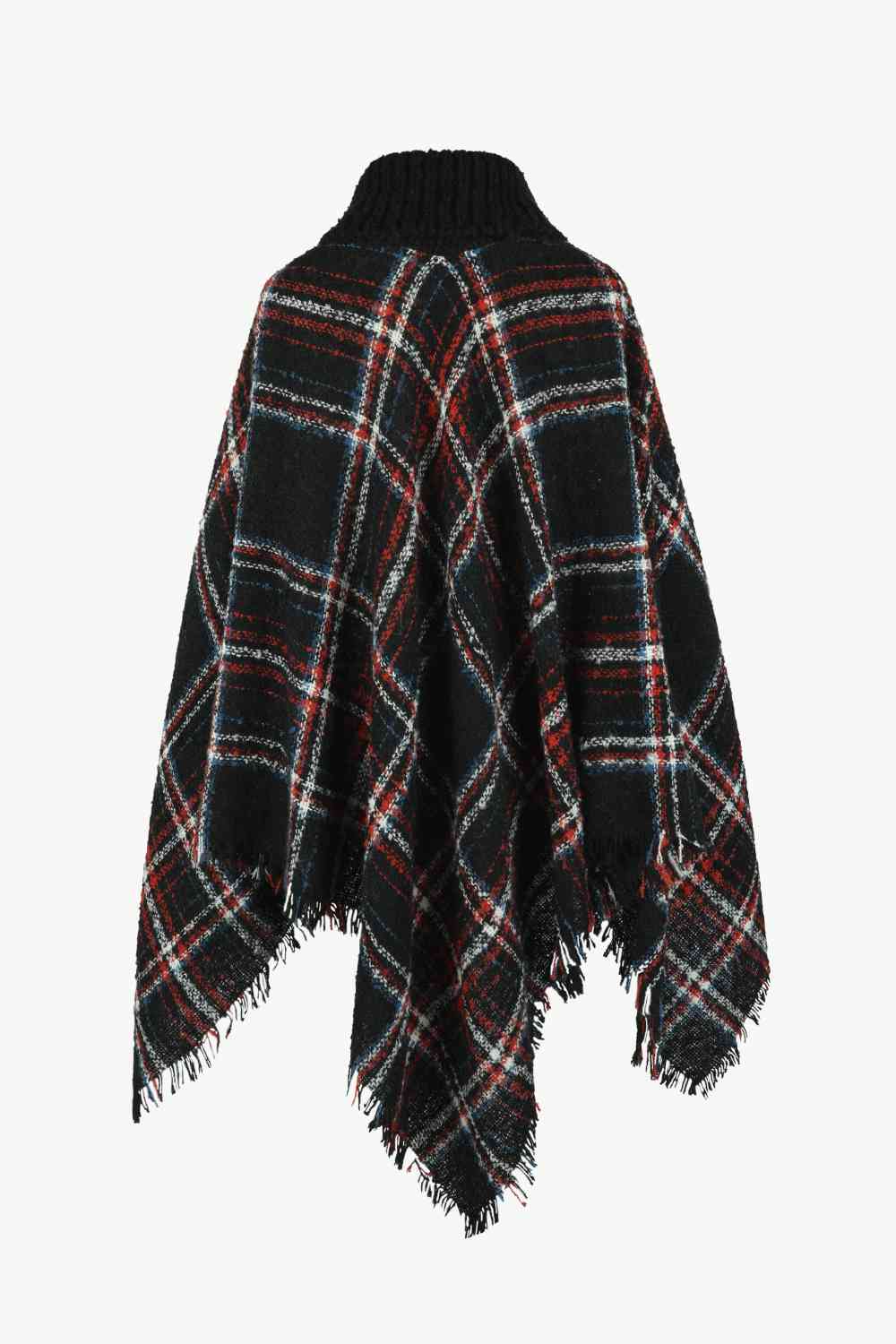 Plaid Turtleneck Fringe Hem Poncho