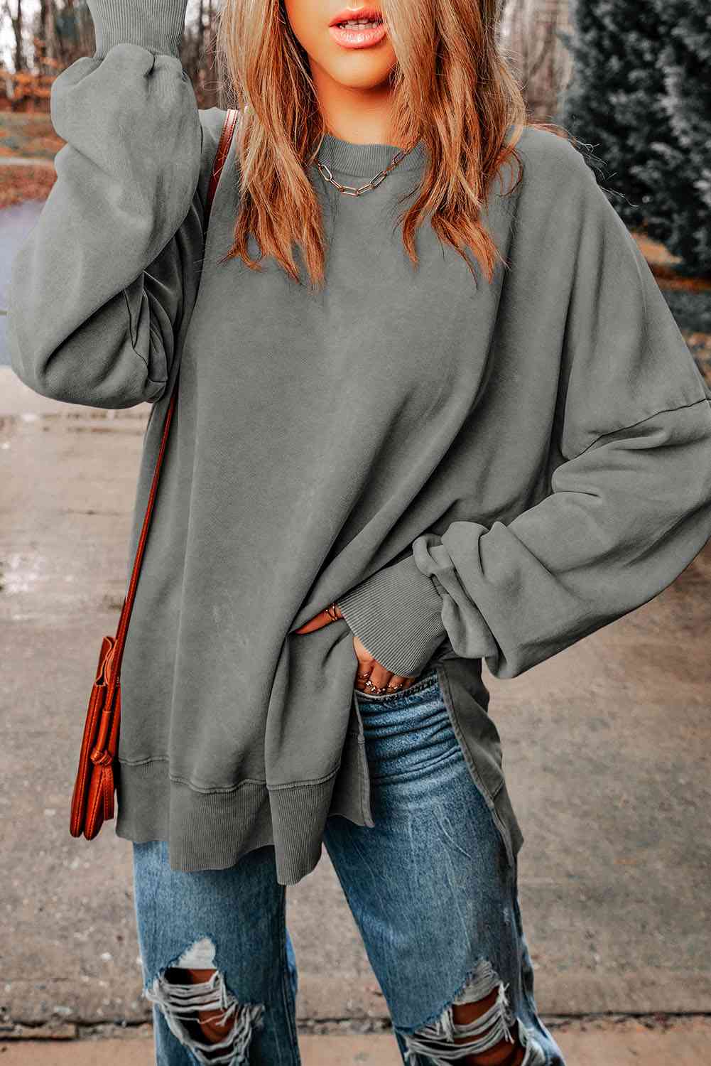 Dropped Shoulder Round Neck Long Sleeve Blouse - Create the impossible