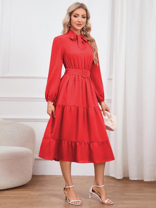 Tie Neck Long Sleeve Tiered Dress