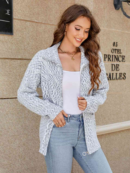 Zip-Up Collared Cardigan with Pockets