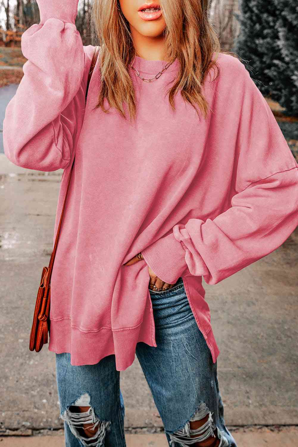 Dropped Shoulder Round Neck Long Sleeve Blouse - Create the impossible