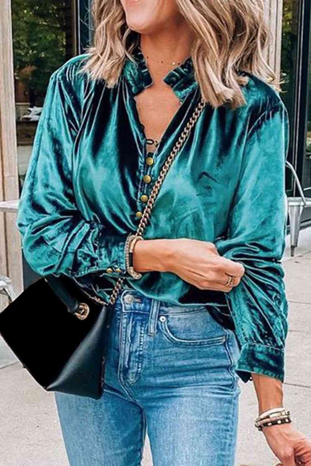 Notched Neck Buttoned Long Sleeve Velvet Blouse - Create the impossible