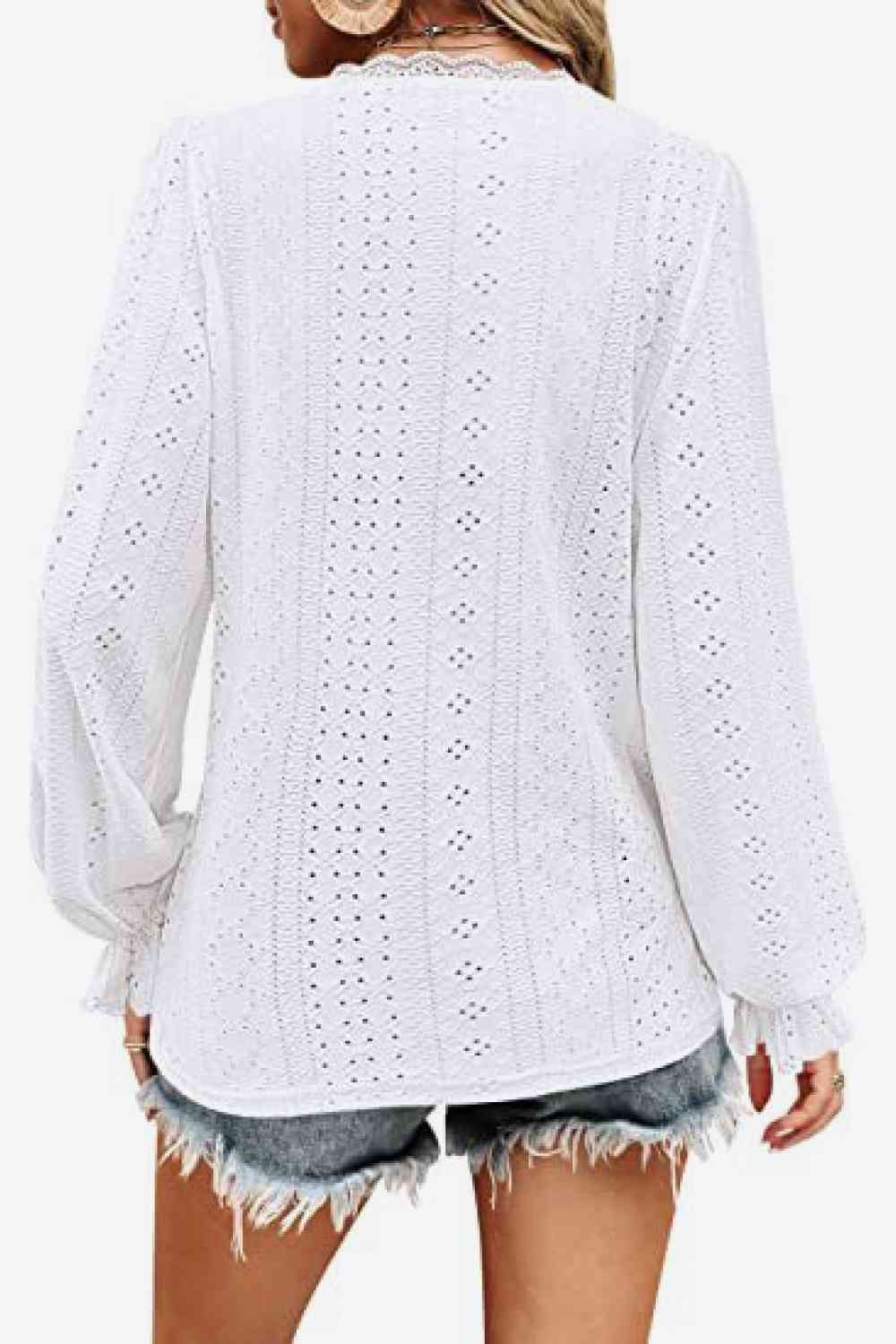 Eyelet V-Neck Flounce Sleeve Blouse - Create the impossible