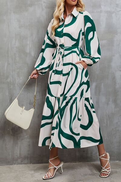 Tie-Waist Printed Button Up Dress