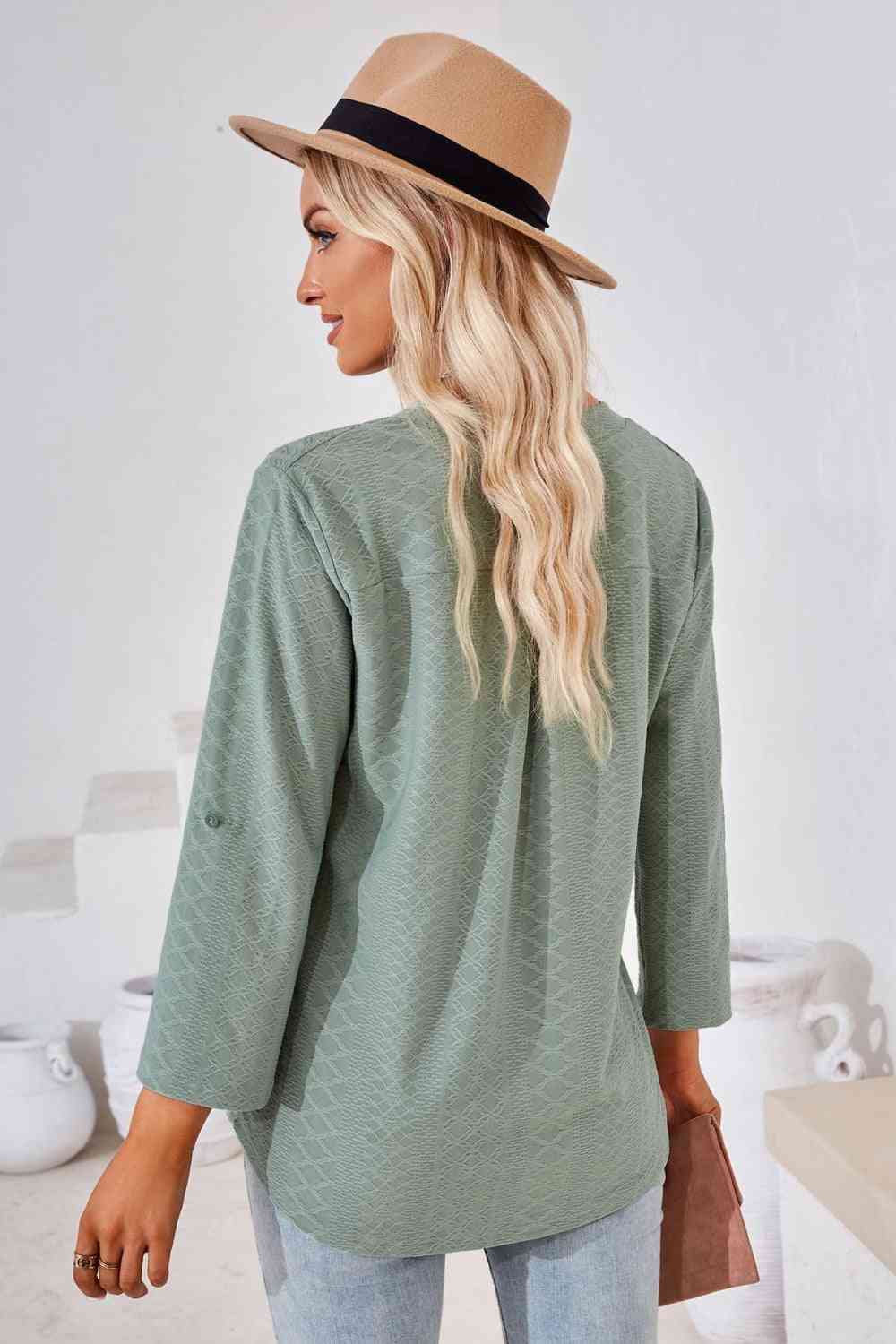 V-Neck Roll-Tap Sleeve Blouse - Create the impossible