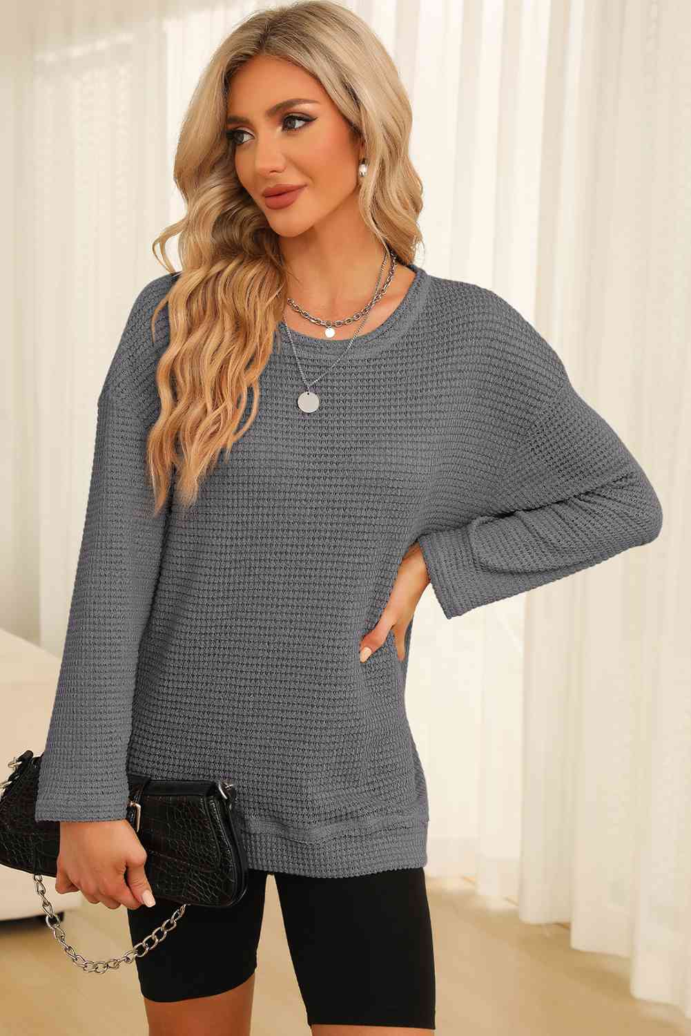 Waffle-Knit Round Neck Long Sleeve Sweatshirt - Create the impossible