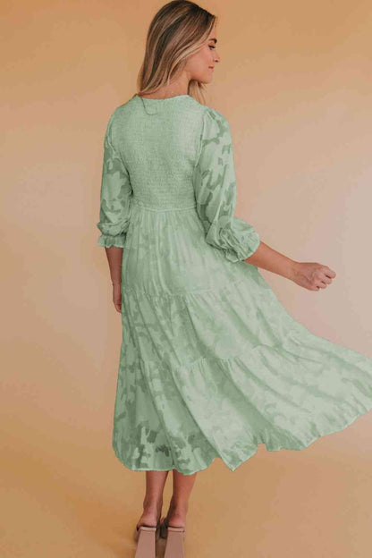 Smocked V-Neck Flounce Sleeve Dress