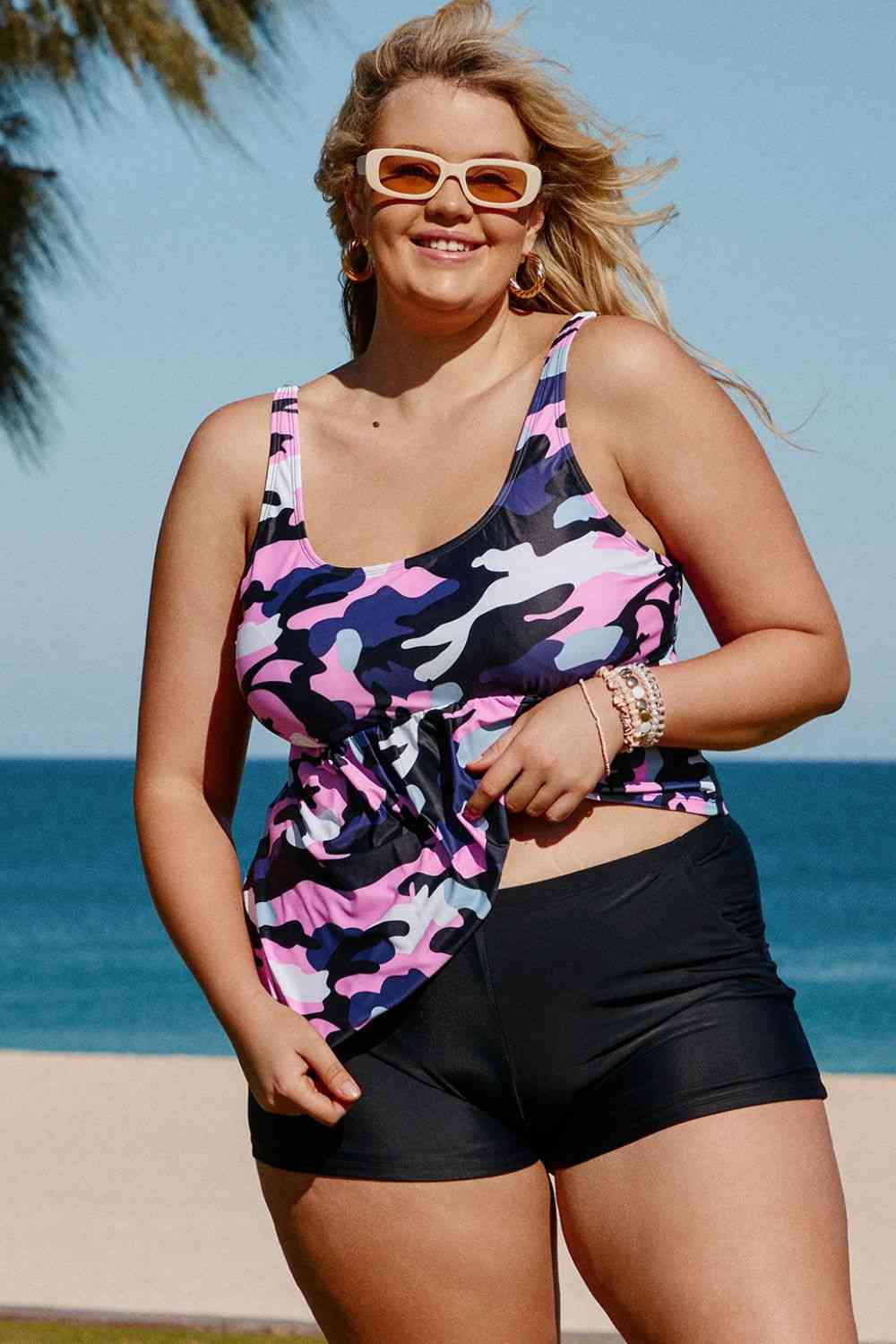 Plus Size Camouflage Peplum Two-Piece Tankini Set